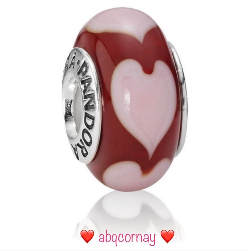 EUC Pandora 790658 Sterling Silver Red Murano Glass Bead w/ Pink Hearts